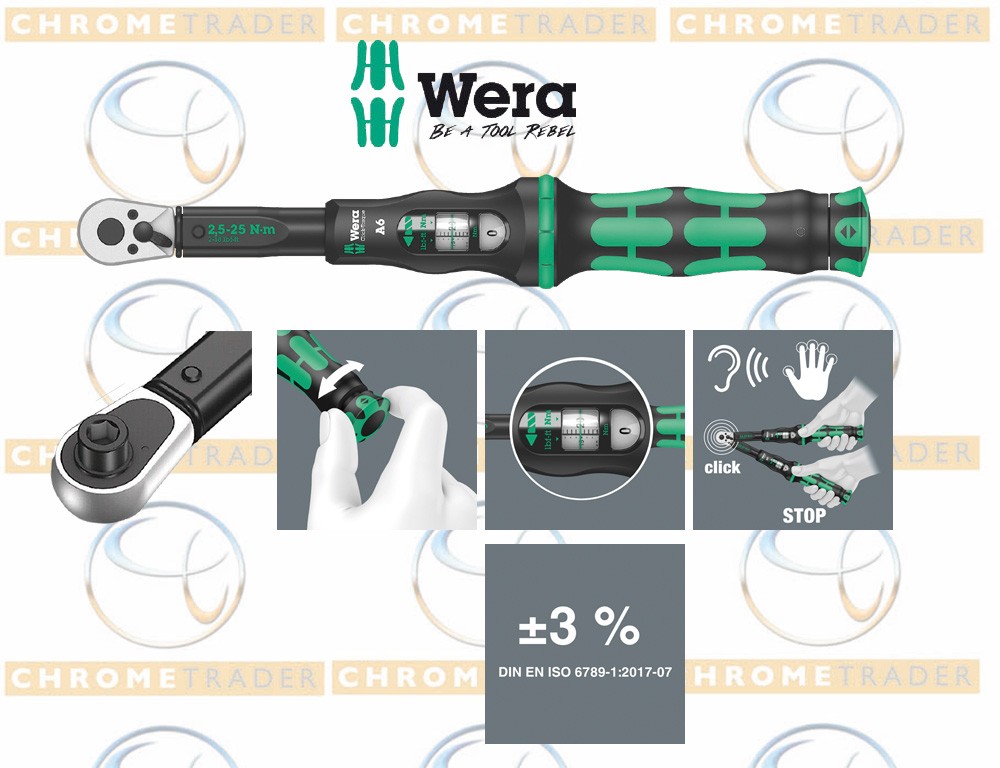 WERA 1/4" HEX DRIVE TORQUE WRENCH WITH REVERSIBLE RATCHET 2.5 - 25NM CLICK TORQUE A6