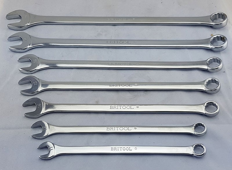 BRITOOL ENGLAND EXTRA LONG METRIC COMBINATION SPANNER SET WITH BI-HEXAGON (12 POINT) RING