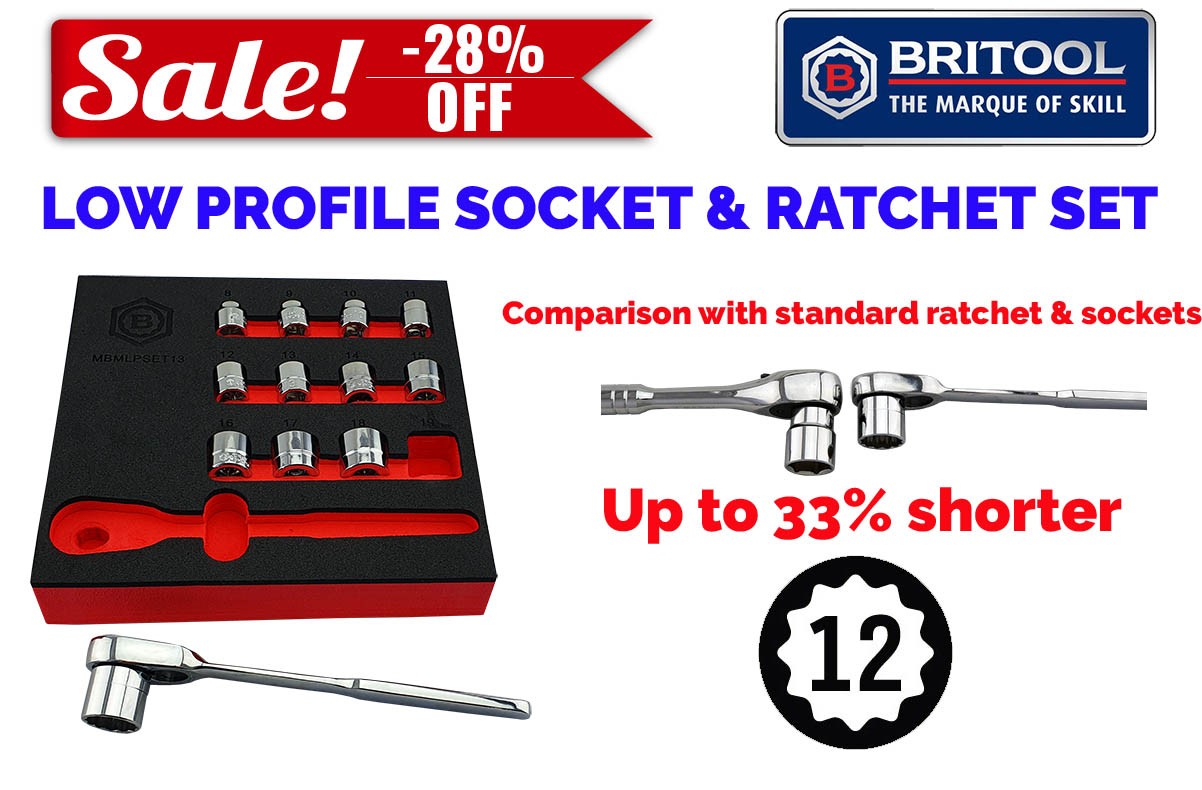 STUBBY LOW PROFILE / RESTRICTED ACCESS SOCKET AND RATCHET SET FROM BRITOOL HALLMARK