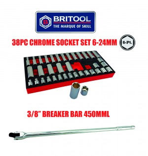 3/8" CHROME SOCKET SET STANDARD & DEEP SOCKETS 6-24MM + BREAKER BAR FROM BRITOOL HALLMARK